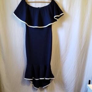 Chic Navy Blue High-Low Dress with White Trim